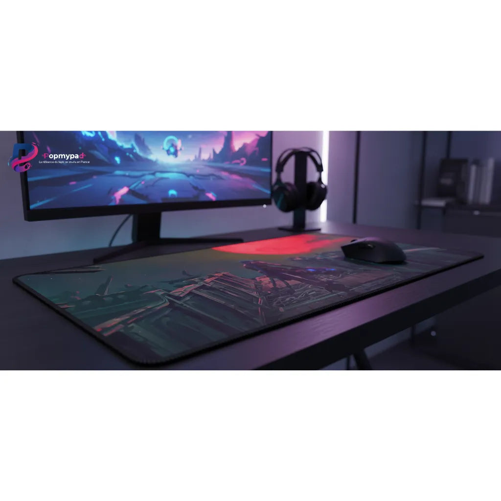 Tapis de souris League of Legends - Jinx Arcane Edition Blood Moon sur un bureau avec un écran de jeu.