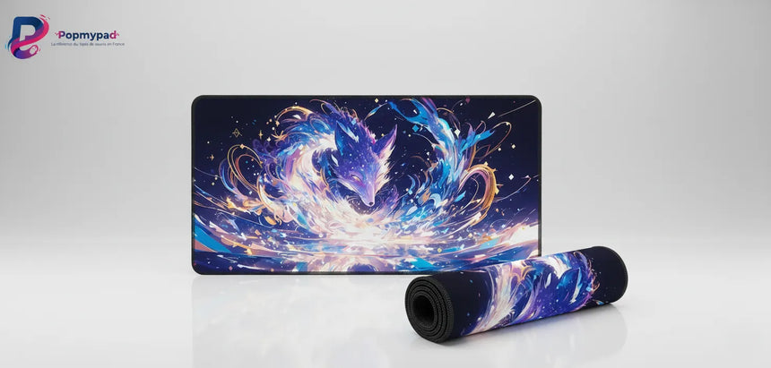 Tapis de souris Renard Astral - Design Cosmique & Zen avec un renard mystique entouré d'énergies célestes.