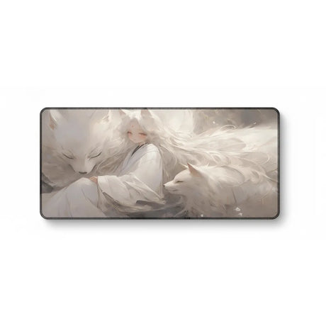Tapis de souris Renard Blanc — Sérénité Onirique & Minimalisme Zen avec illustration de renards et personnage éthéré.