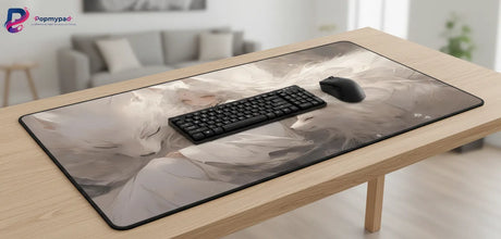 Tapis de souris Renard Blanc — Sérénité Onirique & Minimalisme Zen avec clavier sur bureau en bois