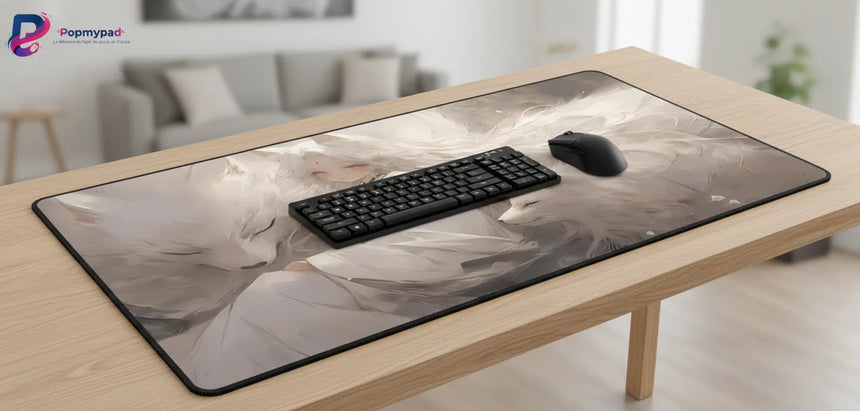 Tapis de souris Renard Blanc — Sérénité Onirique & Minimalisme Zen avec clavier sur bureau en bois