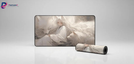 Tapis de souris Renard Blanc — Sérénité Onirique & Minimalisme Zen avec design de renard et personnage éthéré.