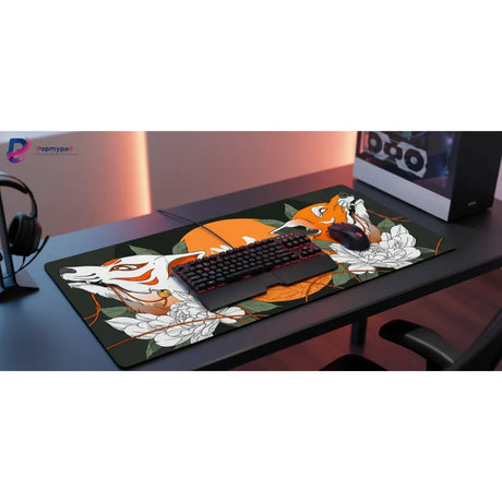 Tapis de souris Renard Japonais - Dualité Kitsune & Style Zen avec un design de renards et calligraphie sur un bureau moderne.