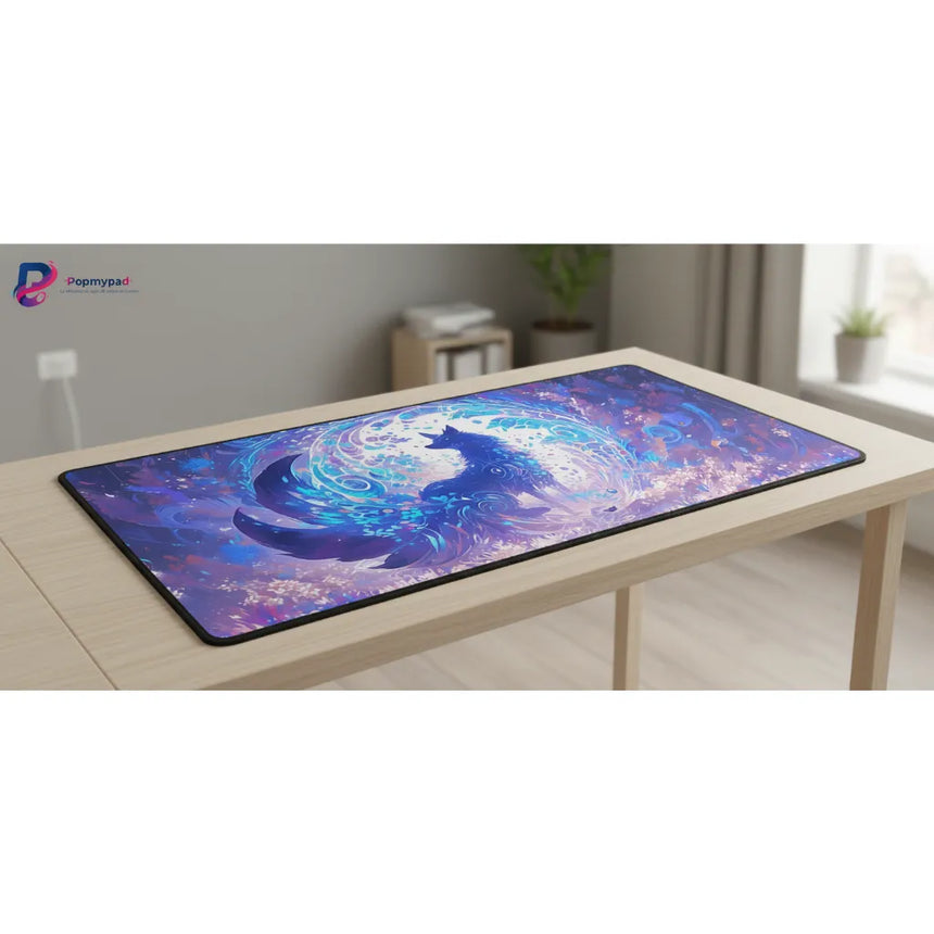 Tapis de souris Renard Onirique - Design Aquarelle & Ambiance Zen sur bureau en bois avec décor apaisant.