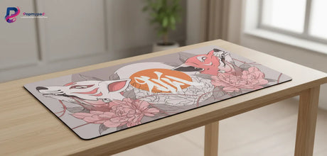 Tapis de souris "Sérénité du Kitsune" – Design Japonais Zen & Minimaliste avec renards et pivoines.
