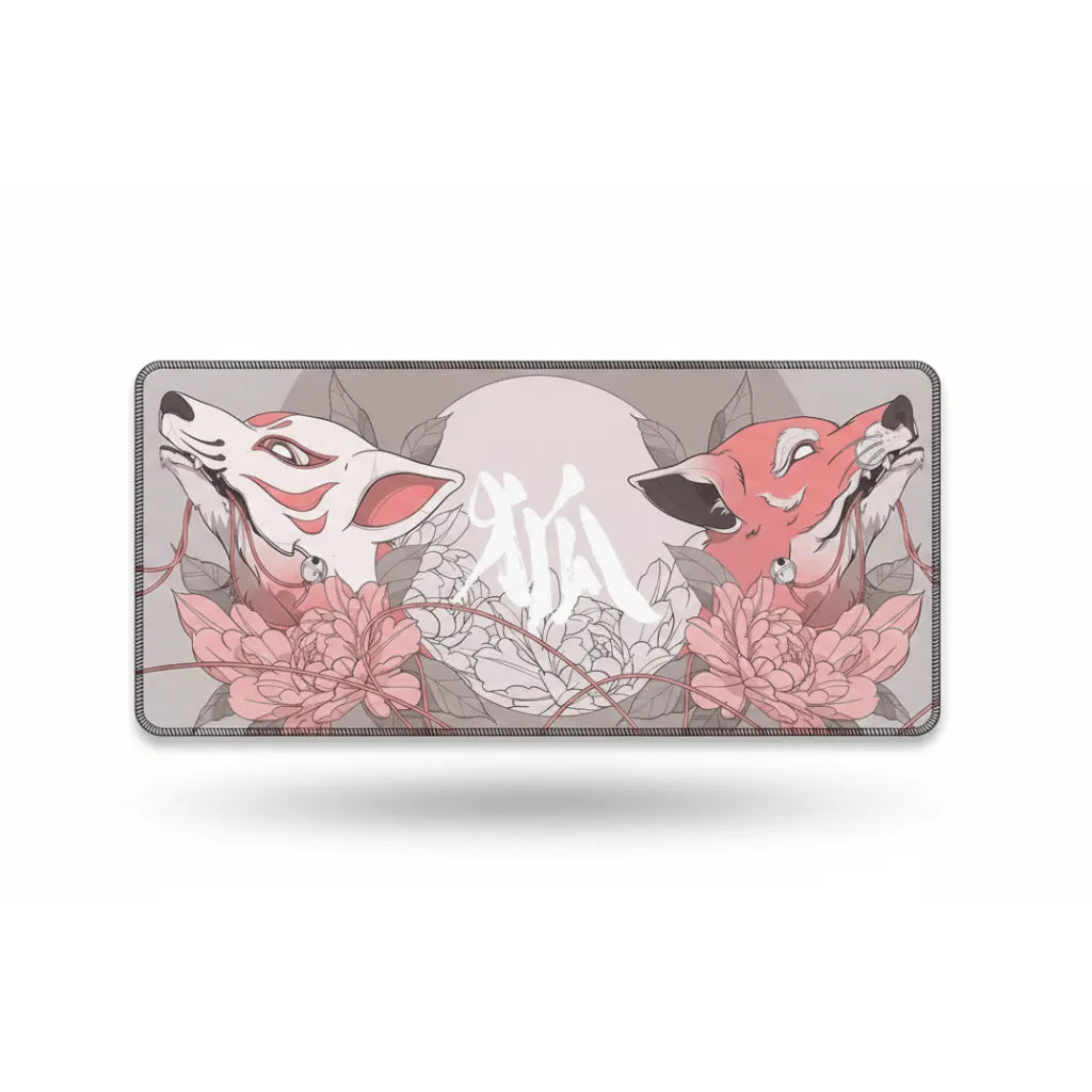 Tapis de souris "Sérénité du Kitsune" – Design Japonais Zen & Minimaliste avec illustration de renards et pivoines.