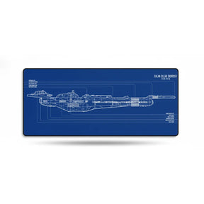 Tapis de souris Star Trek - Design Blueprint Calan Clear Exbrosv montrant le schéma technique du vaisseau sur fond bleu.