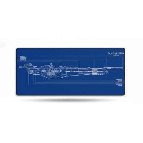 Tapis de souris Star Trek - Design Blueprint Calan Clear Exbrosv montrant le schéma technique du vaisseau sur fond bleu.