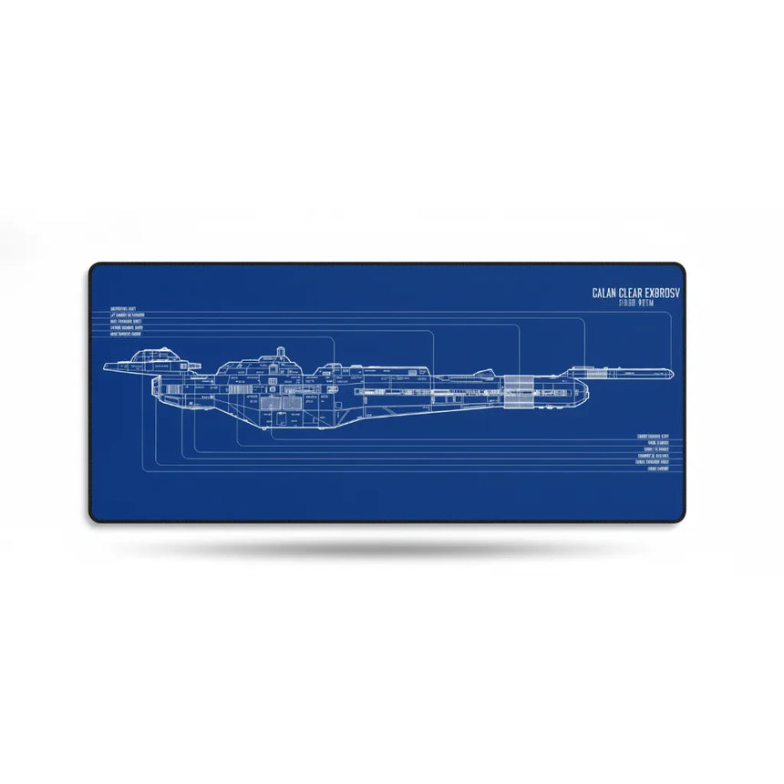 Tapis de souris Star Trek - Design Blueprint Calan Clear Exbrosv montrant le schéma technique du vaisseau sur fond bleu.