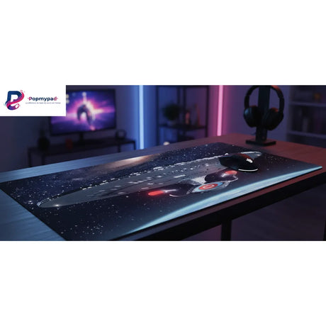 Tapis de souris Star Trek - Édition USS Enterprise Deskmat Gaming sur un bureau avec un fond stellaire.