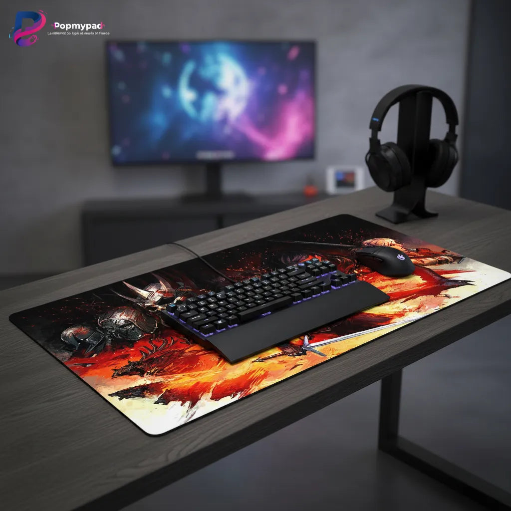 Tapis de souris The Witcher 3 - Édition "Le Destin des Flammes" : L'Art du Combat sur un bureau avec un clavier et un casque.