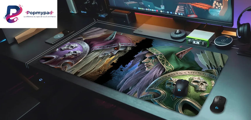 Tapis de souris World of Warcraft - Sylvanas Dualité XXL - Précision Esport sur un bureau moderne avec équipements de jeu.