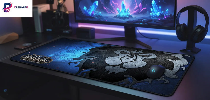 Tapis de souris World of Warcraft – Édition Alliance : Battle for Azeroth sur un bureau avec ordinateur.