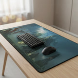 Tapis de souris XXL - L'Odyssée de la Cité Perdue avec clavier et souris sur un bureau en bois.