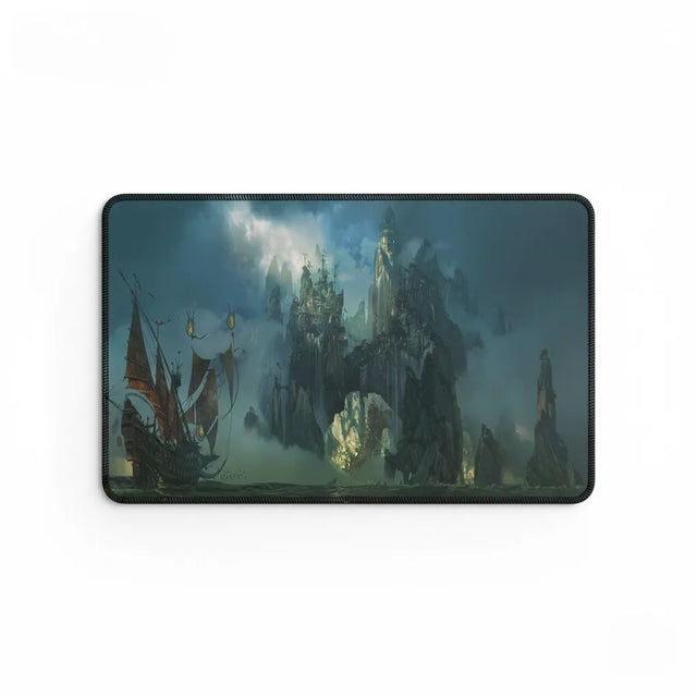 Tapis de souris XXL - L'Odyssée de la Cité Perdue avec design de cité-forteresse mystique et un navire.