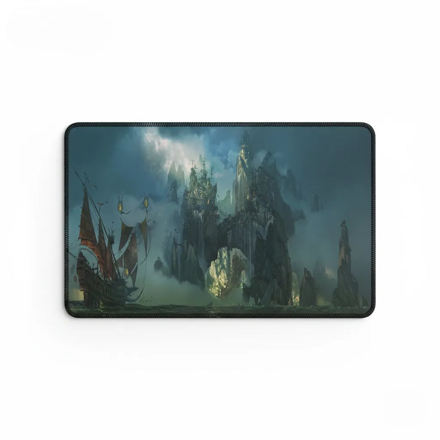Tapis de souris XXL - L'Odyssée de la Cité Perdue avec design de cité-forteresse mystique et un navire.