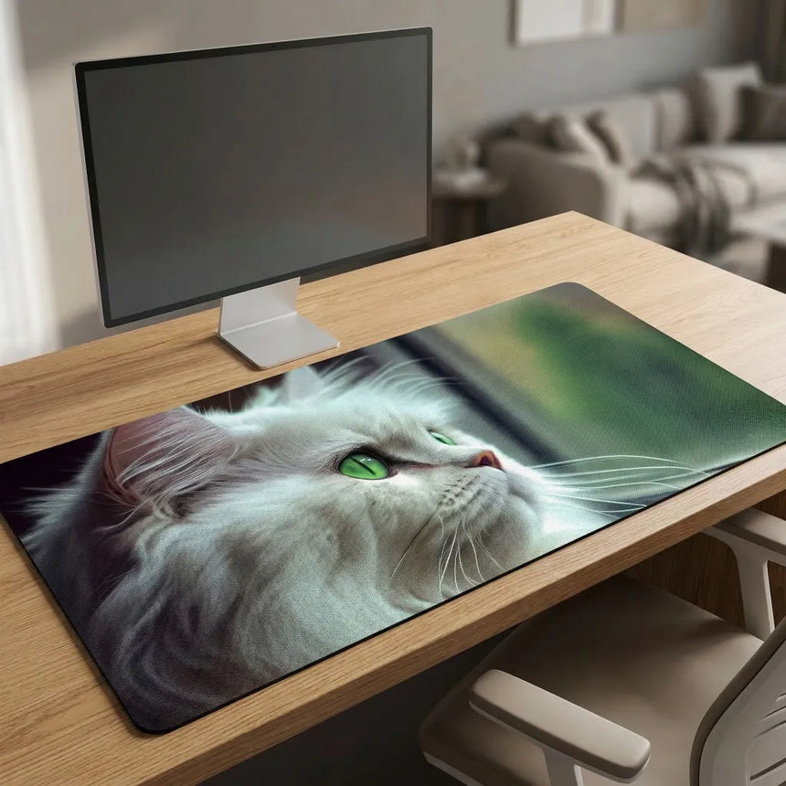 XXL Mouse Pad White Cat with Green Eyes - Artistic Design & Premium Comfort