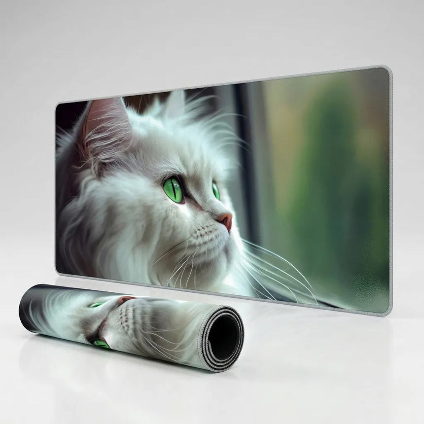 XXL Mouse Pad White Cat with Green Eyes - Artistic Design & Premium Comfort