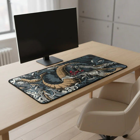 Tapis de souris XXL Dragon Japonais - Style Irezumi Traditionnel sur un bureau avec un écran.