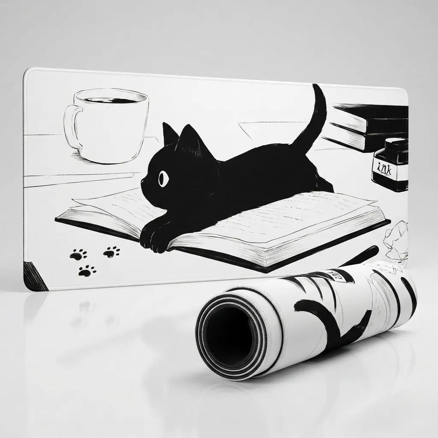XXL Mouse Pad "The Erudite Cat" – Artistic Ink Illustration