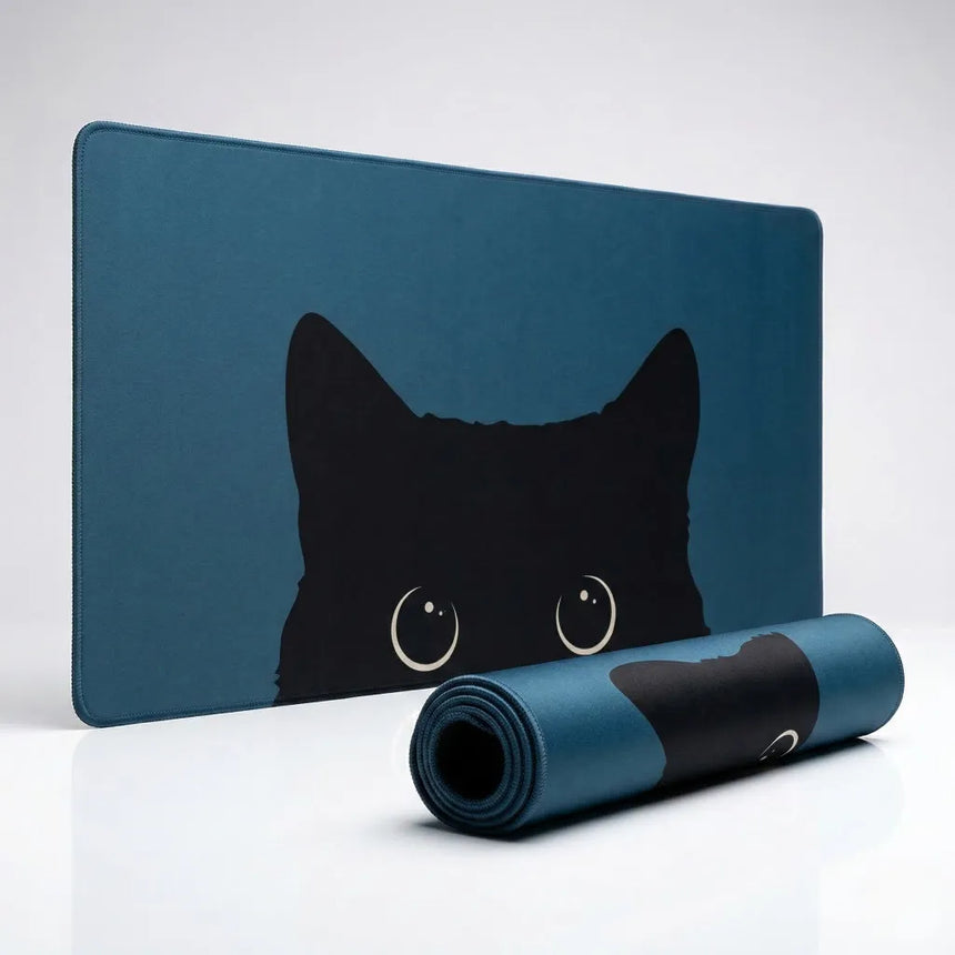 XXL "Midnight Cat" Mouse Pad - Feline Silhouette Design & Petrol Blue