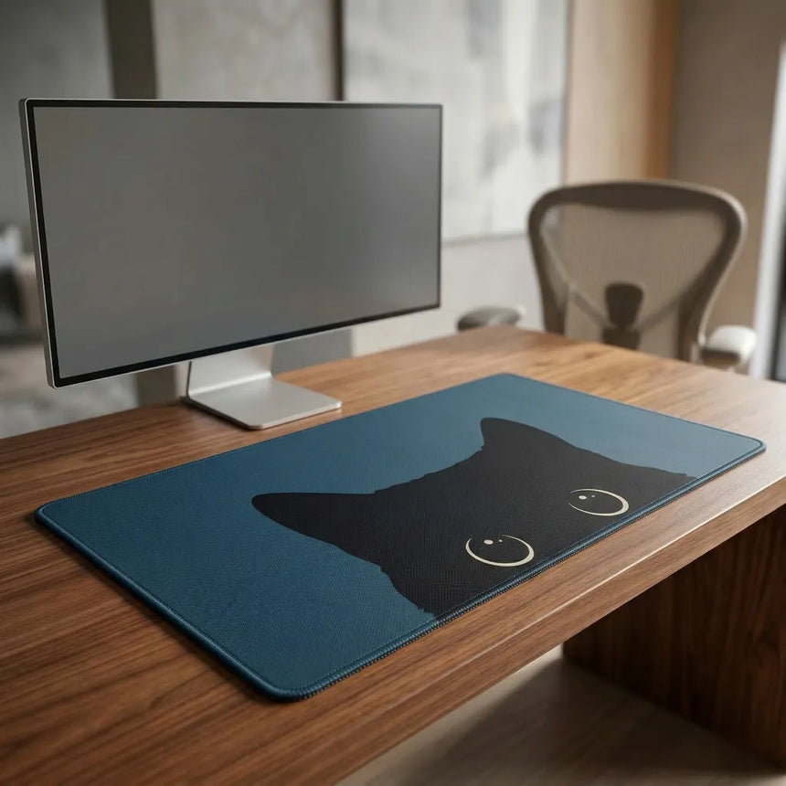 XXL "Midnight Cat" Mouse Pad - Feline Silhouette Design & Petrol Blue