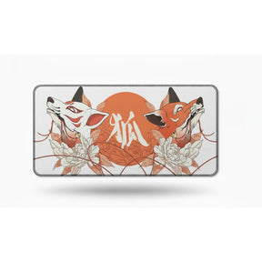 Tapis de souris XXL Renard Japonais - Design Kitsune & Zen Orange avec motifs de renards et pivoines.