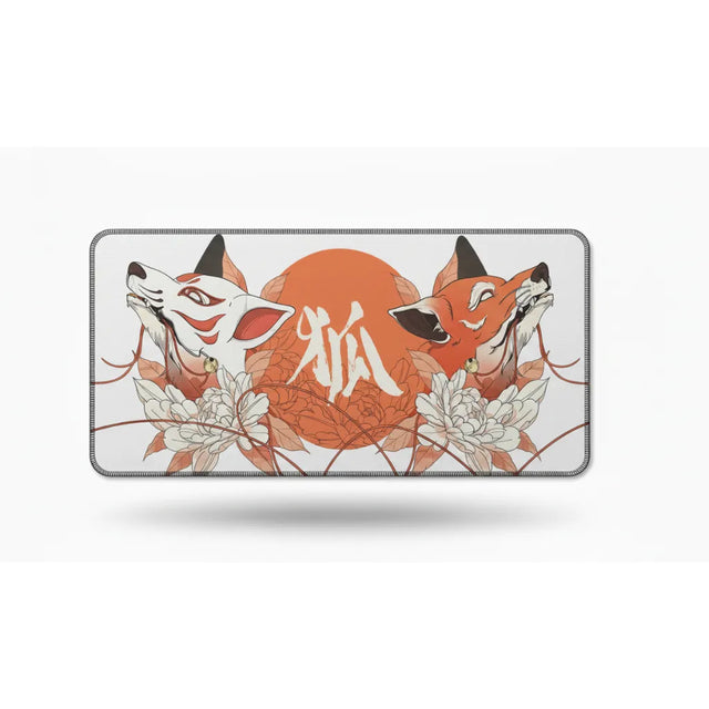 Tapis de souris XXL Renard Japonais - Design Kitsune & Zen Orange avec motifs de renards et pivoines.