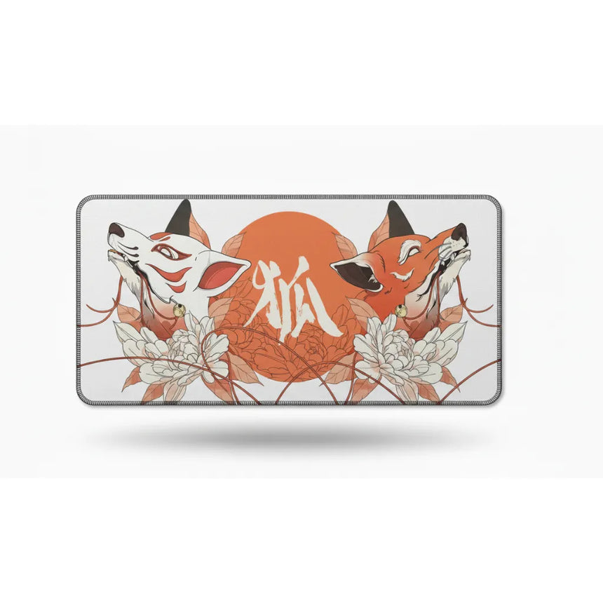Tapis de souris XXL Renard Japonais - Design Kitsune & Zen Orange avec motifs de renards et pivoines.