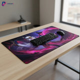 Tapis de souris Gaming LeBlanc - League of Legends - Rose Noire Edition sur un bureau avec clavier et souris.