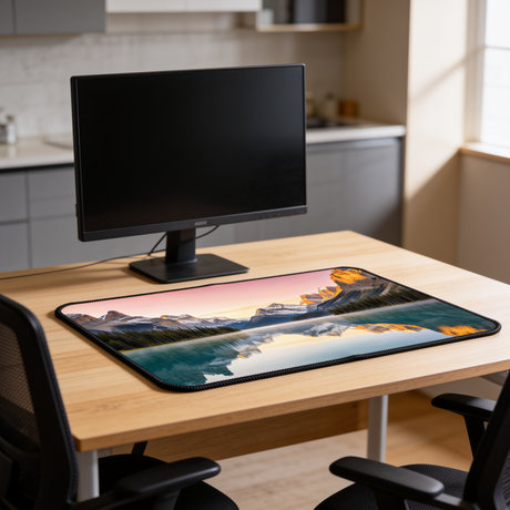 Tapis de souris XXL personnalisé sur un bureau en chêne clair — ambiance