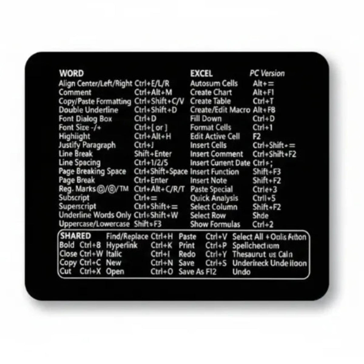 Office Shortcuts Mouse Pad — Minimalist Word & Excel Design | PopMyPad