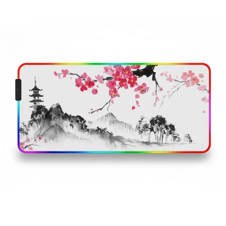 Tapis de souris RGB japonais sakura et pagode, vue complète du tapis