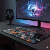 Tapis de Souris XXL Dragon Japonais – Édition Phoenix Orange & Noir sur un bureau de gamer avec écran et casque.